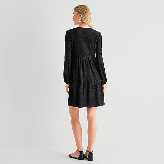 Perceptions Womens V Neck Long Sleeve Floral Shift Dress