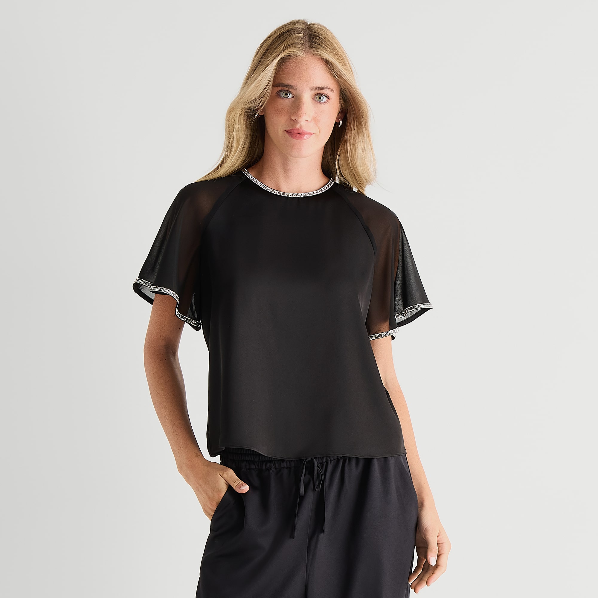 MSK Womens Round Neck Short Sleeve Satin Embellished Blouse