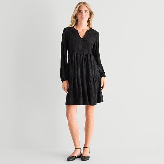 Perceptions Womens V Neck Long Sleeve Floral Shift Dress