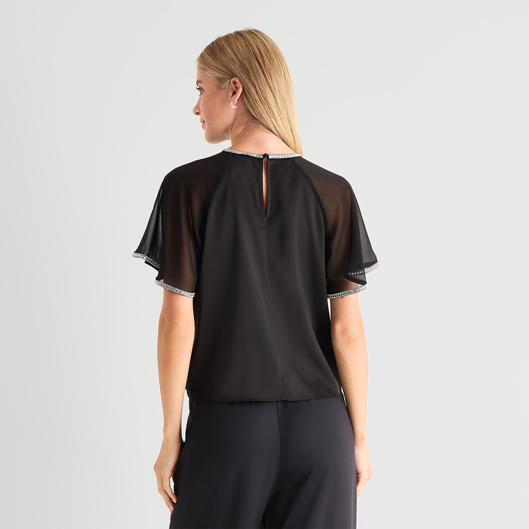 MSK Womens Round Neck Short Sleeve Satin Embellished Blouse