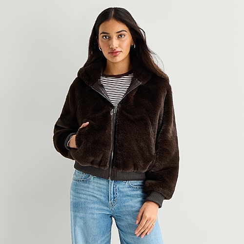 Ana Womens Faux Fur Hooded Midweight Coat In Brown