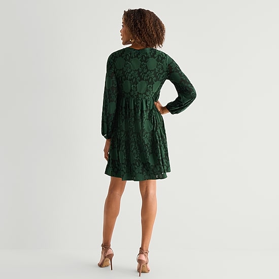 Perceptions Womens V Neck Long Sleeve Floral Shift Dress