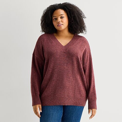 Ana Plus Womens V Neck Long Sleeve Pullover Sweater In Red