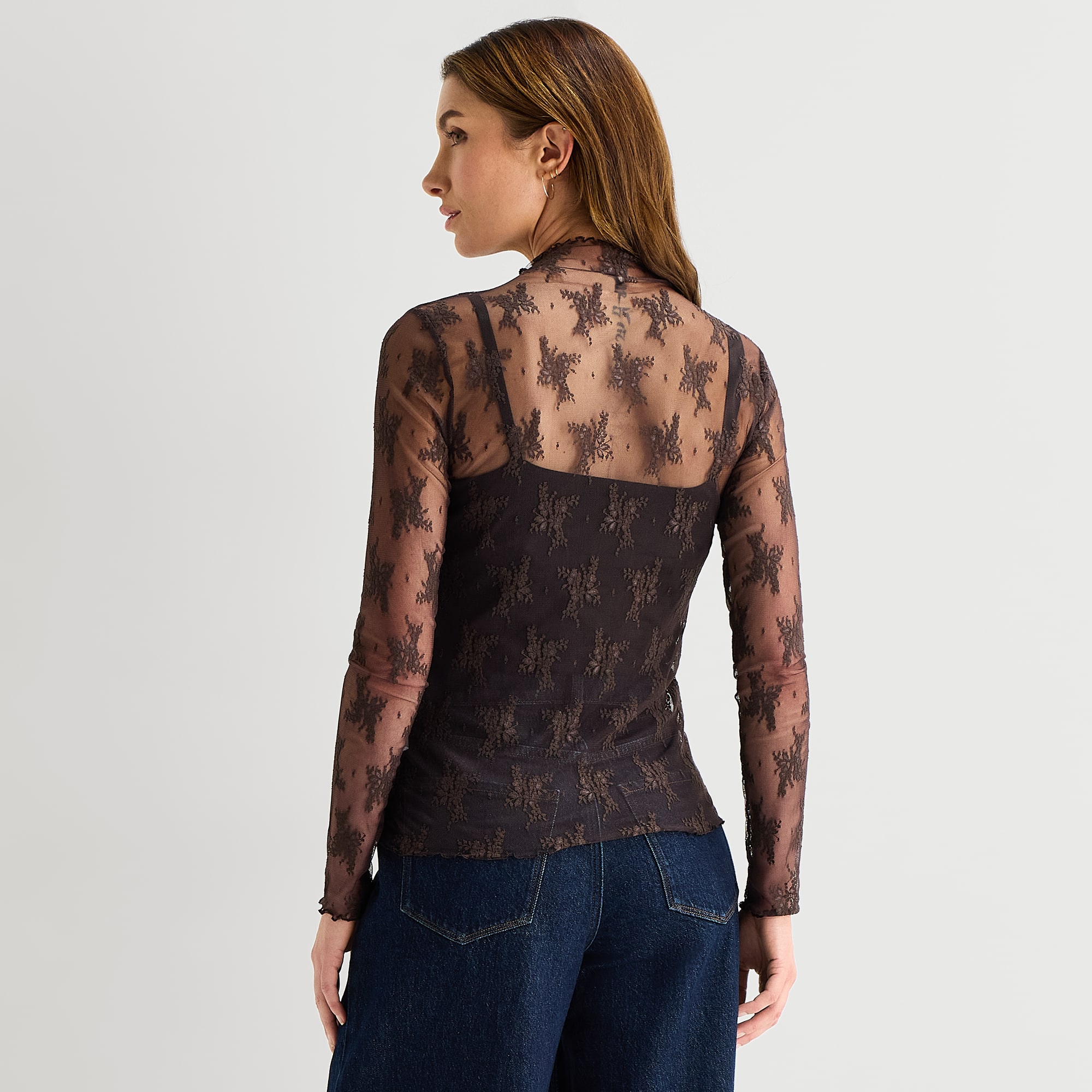 A.N.A Womens Funnel Neck Long Sleeve Lace T-Shirt