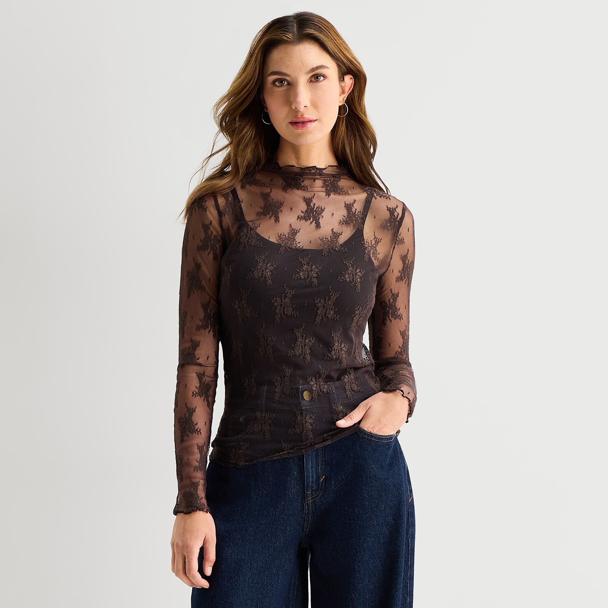 A.N.A Womens Funnel Neck Long Sleeve Lace T-Shirt