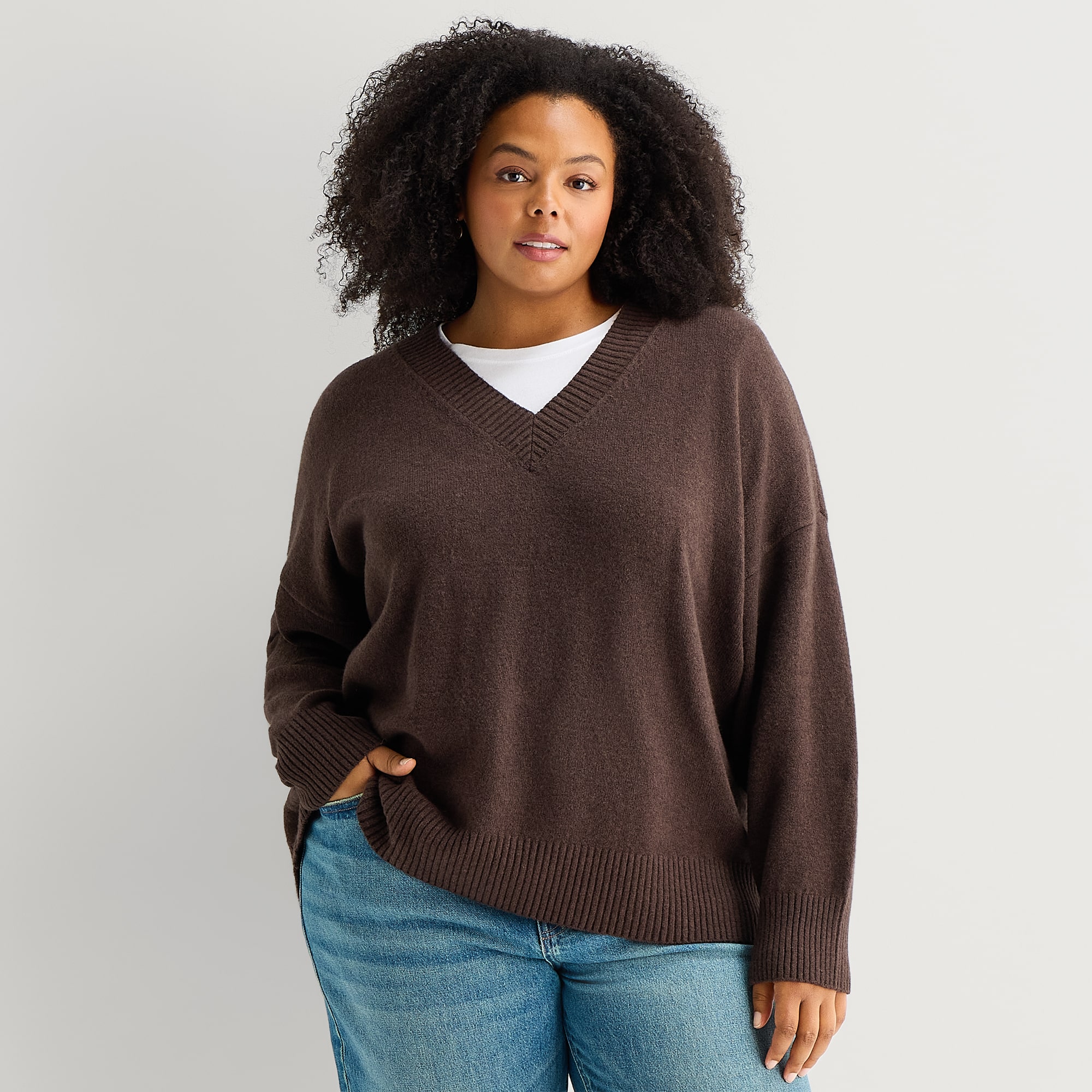 A.N.A Plus Womens V Neck Long Sleeve Pullover Sweater