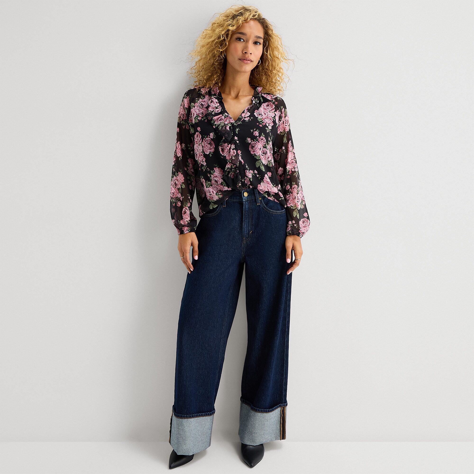 A.N.A Ruffle Womens V Neck Long Sleeve Blouse