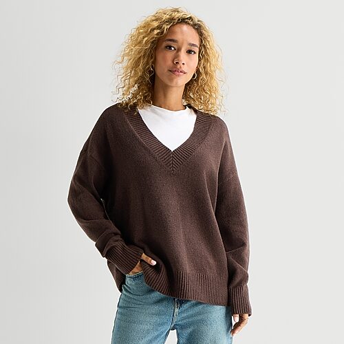 Ana Womens V Neck Long Sleeve Pullover Sweater In Brown