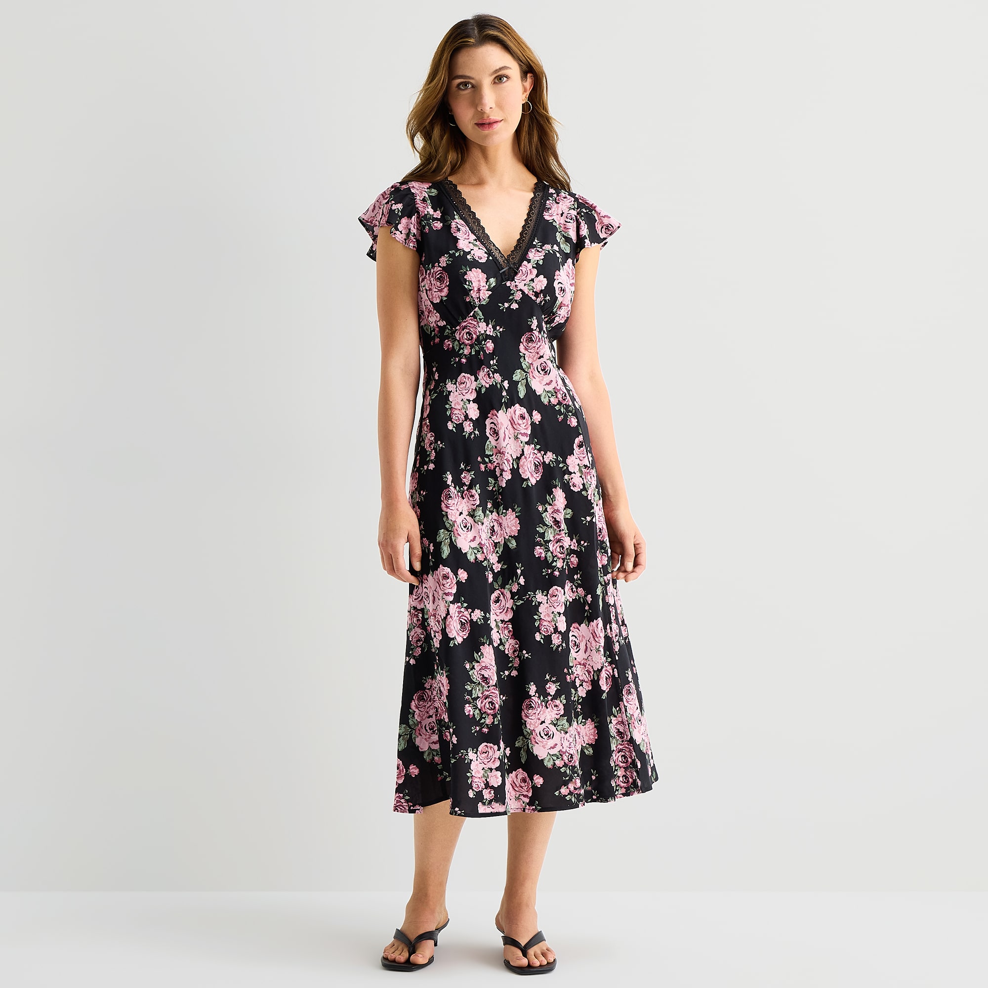 A.N.A Womens V Neck Short Sleeve Floral A-Line Dress