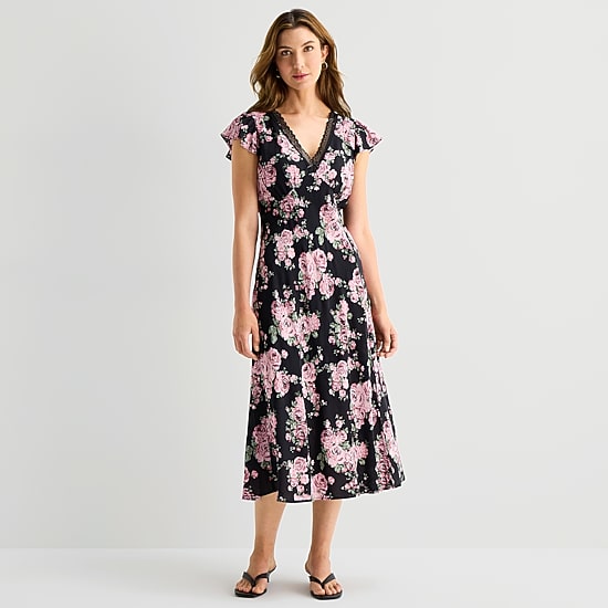 A.N.A Womens V Neck Short Sleeve Floral A-Line Dress