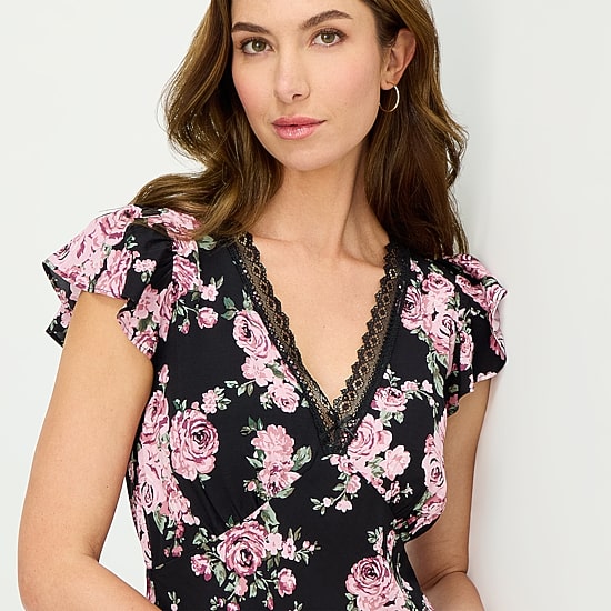 A.N.A Womens V Neck Short Sleeve Floral A-Line Dress