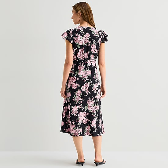 A.N.A Womens V Neck Short Sleeve Floral A-Line Dress