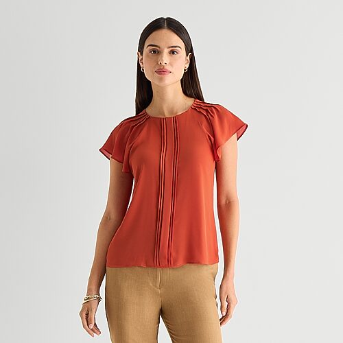 Worthington Womens Petite Round Neck Short Sleeve Blouse In Orange