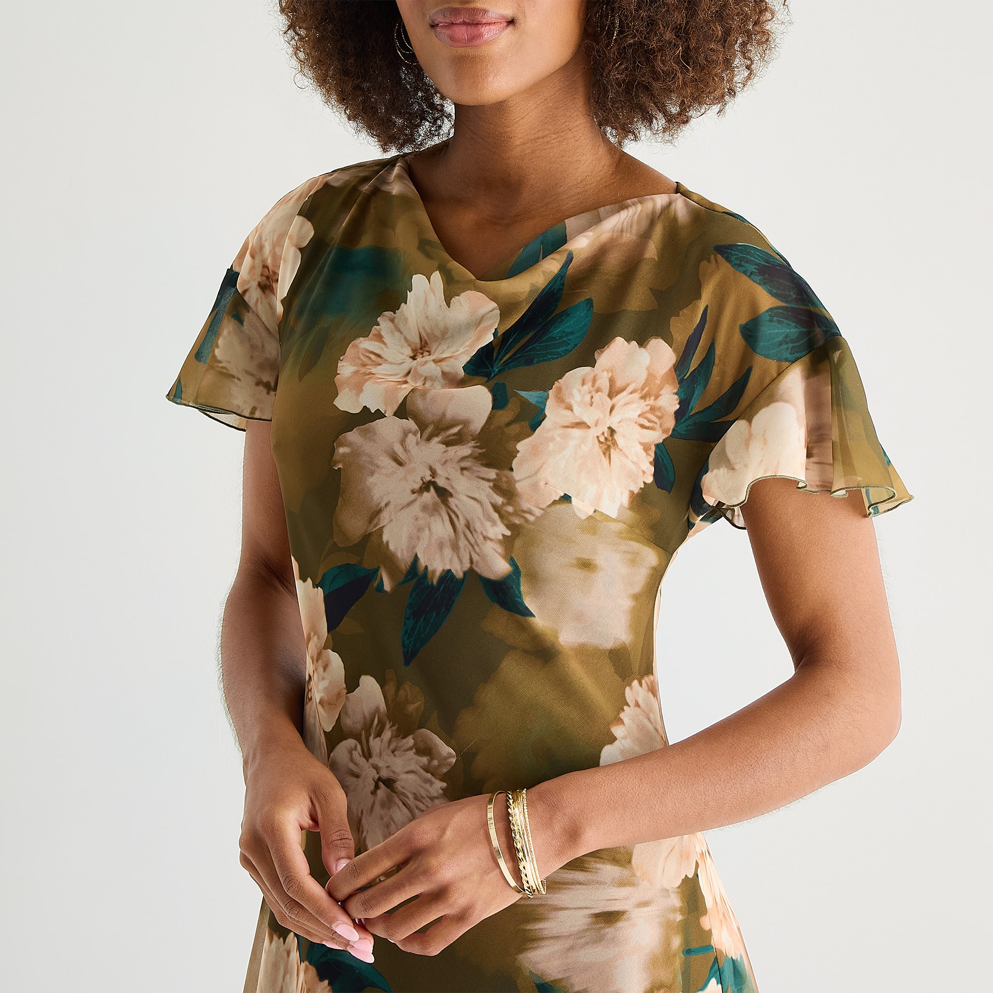 Rabbit Design Womens Cowl Neck Short Sleeve Flutter Chiffon Floral Fit + Flare Dress