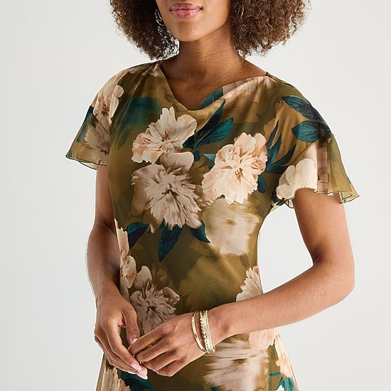 Rabbit Rabbit Rabbit Design Womens Cowl Neck Short Sleeve Flutter Chiffon Floral Fit + Flare Dress