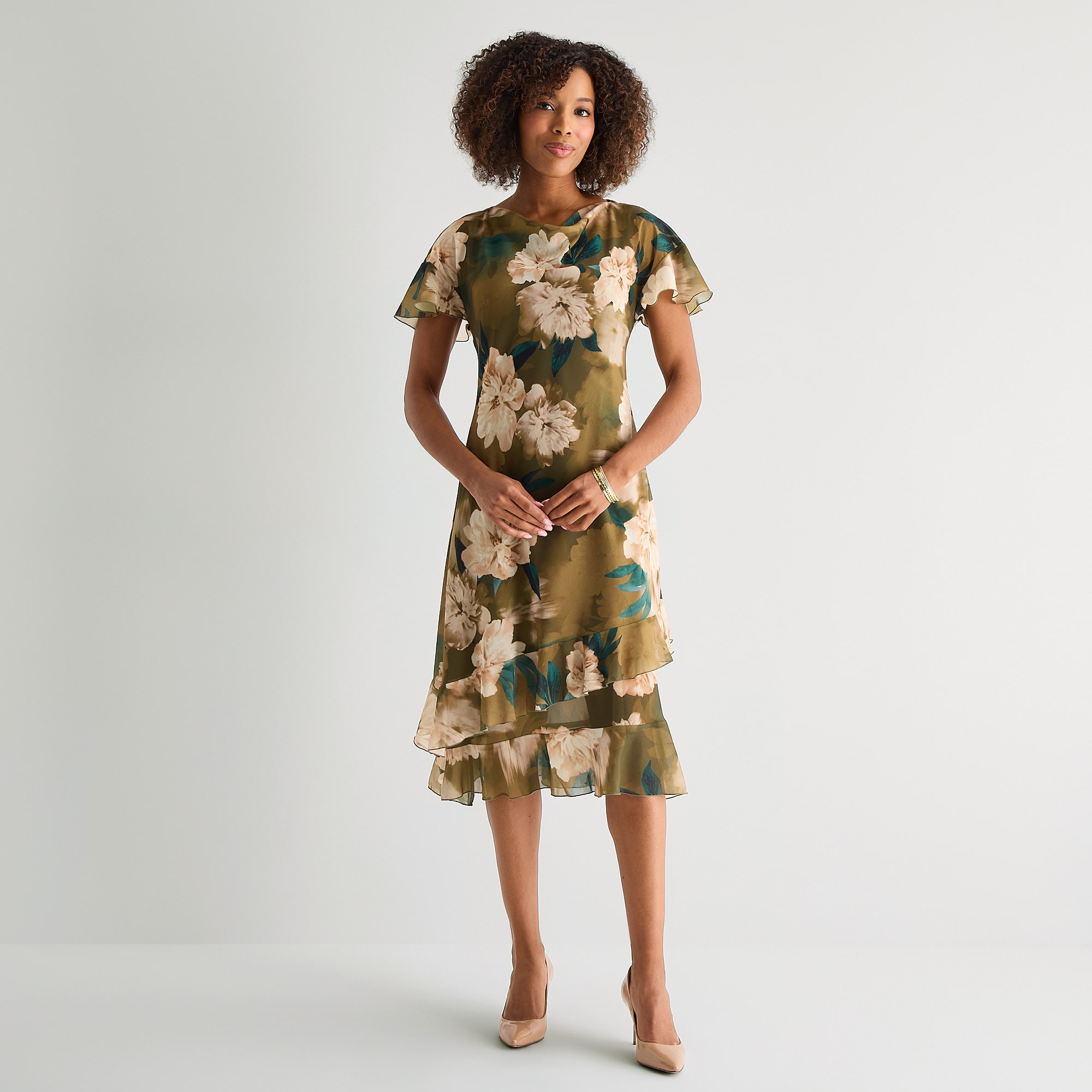 Rabbit Design Womens Cowl Neck Short Sleeve Flutter Chiffon Floral Fit + Flare Dress