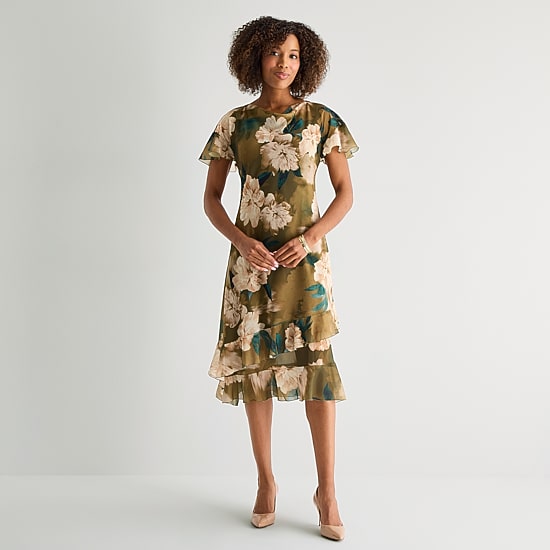 Rabbit Rabbit Rabbit Design Womens Cowl Neck Short Sleeve Flutter Chiffon Floral Fit + Flare Dress