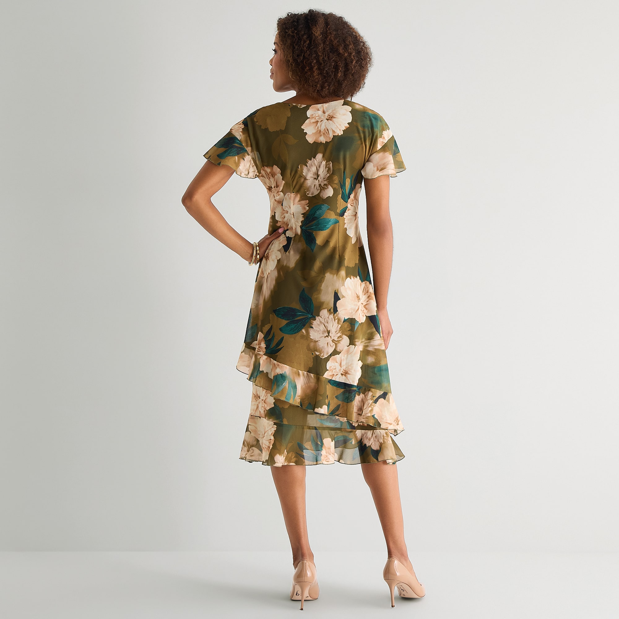 Rabbit Design Womens Cowl Neck Short Sleeve Flutter Chiffon Floral Fit + Flare Dress
