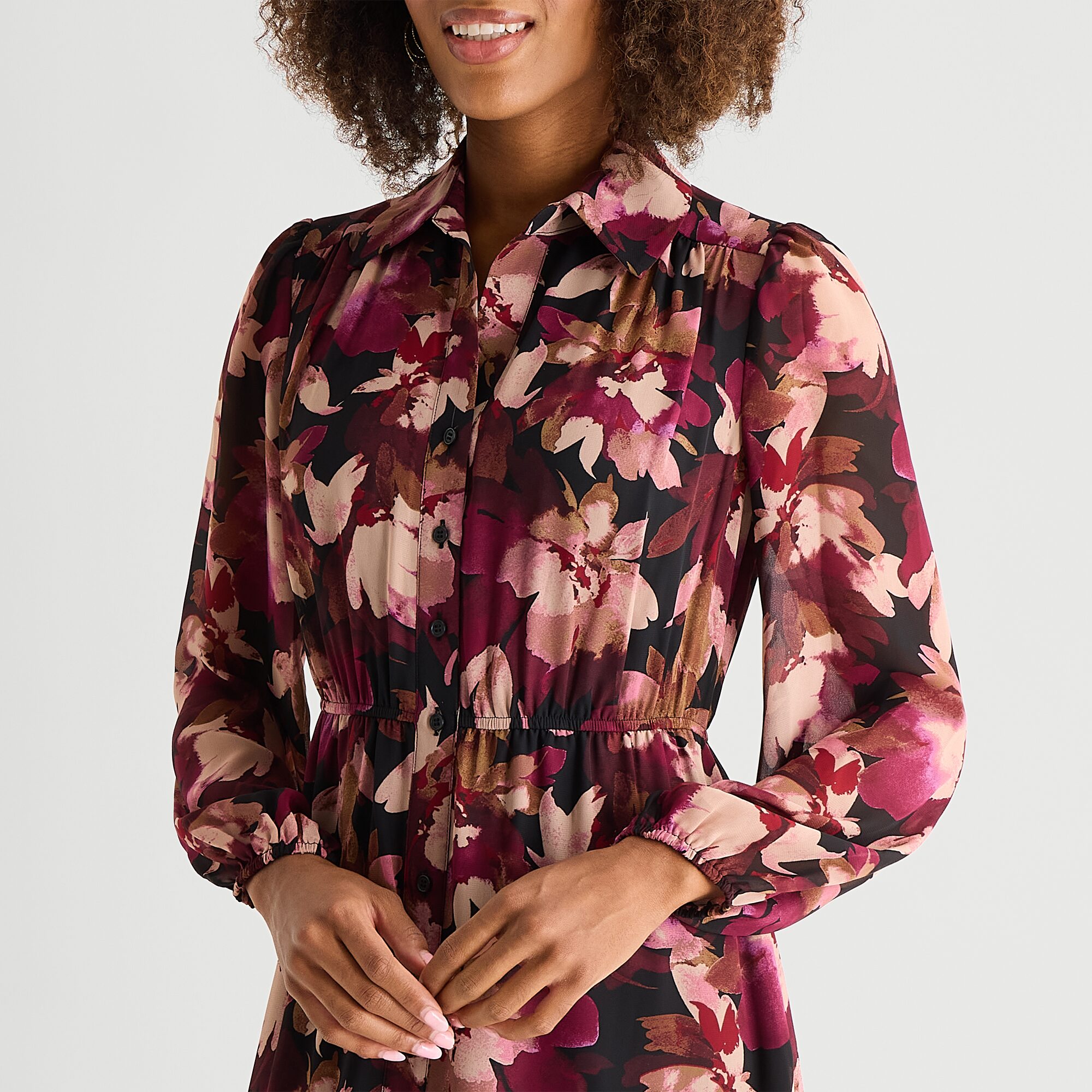 Sandra Darren Womens Long Sleeve Midi Floral Shirt Dress