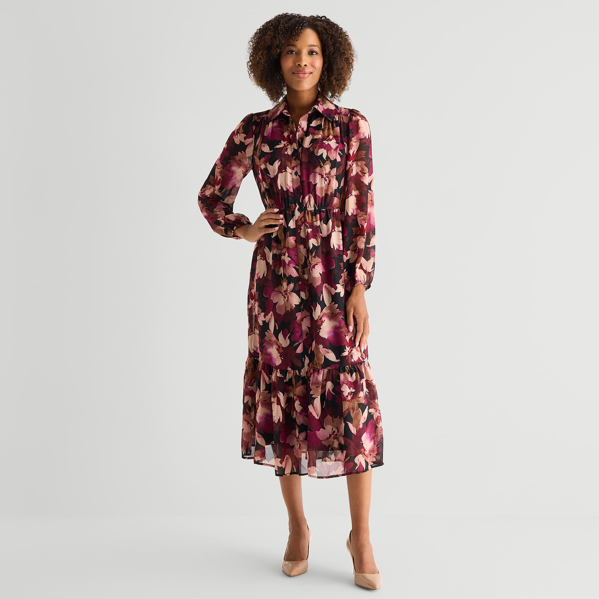 Sandra Darren Womens Long Sleeve Midi Floral Shirt Dress