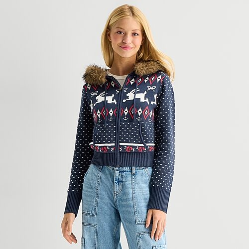 Arizona Womens Juniors Hooded Long Sleeve Zipper Cardigan In Blue