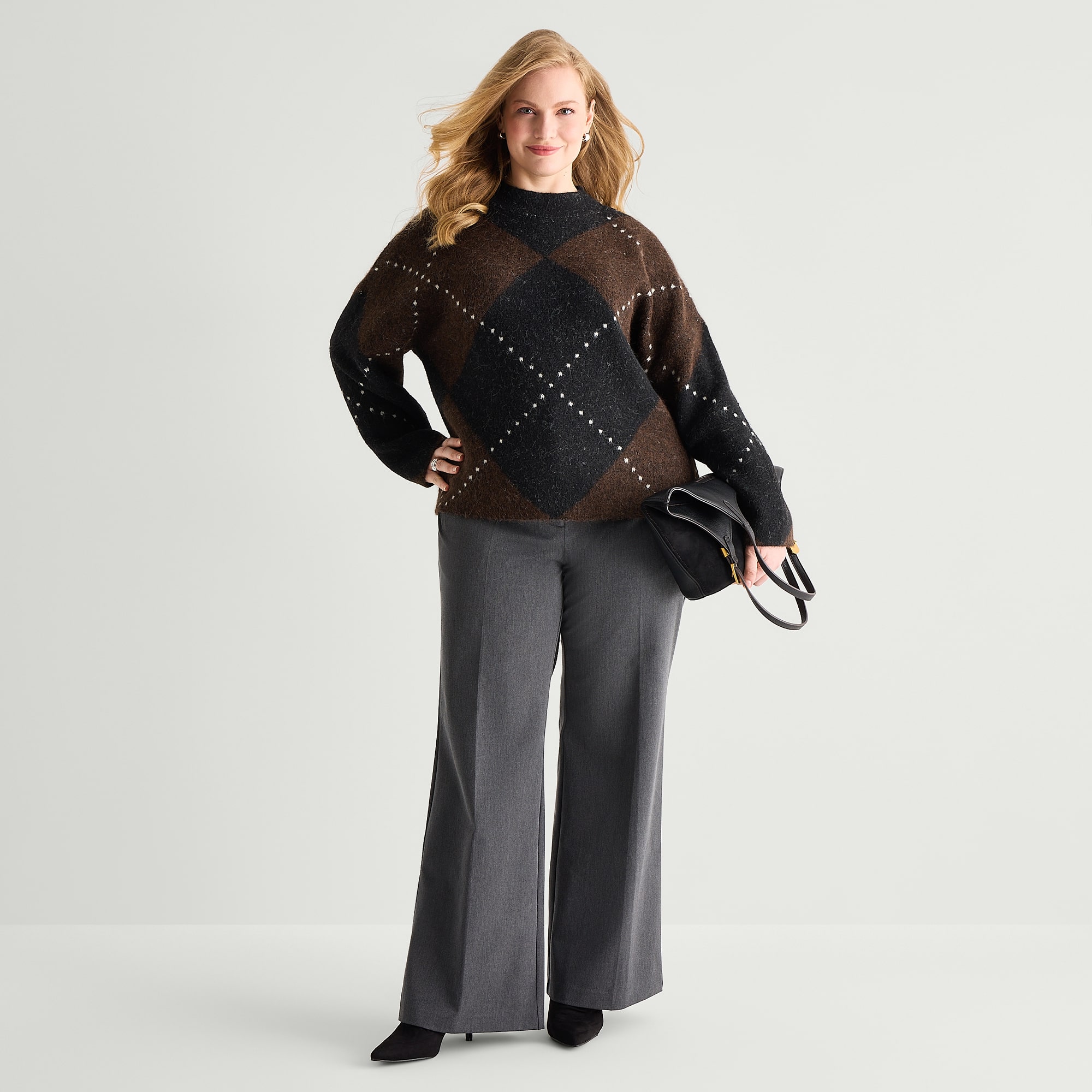 Worthington Plus Womens Mock Neck Long Sleeve Argyle Pullover Sweater