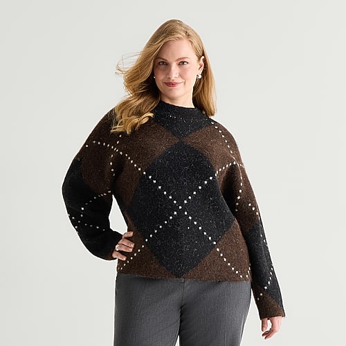 Worthington Plus Womens Mock Neck Long Sleeve Argyle Pullover Sweater In Brown