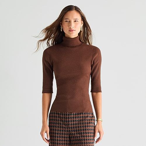 Worthington Womens Turtleneck Elbow Sleeve Pullover Sweater In Brown