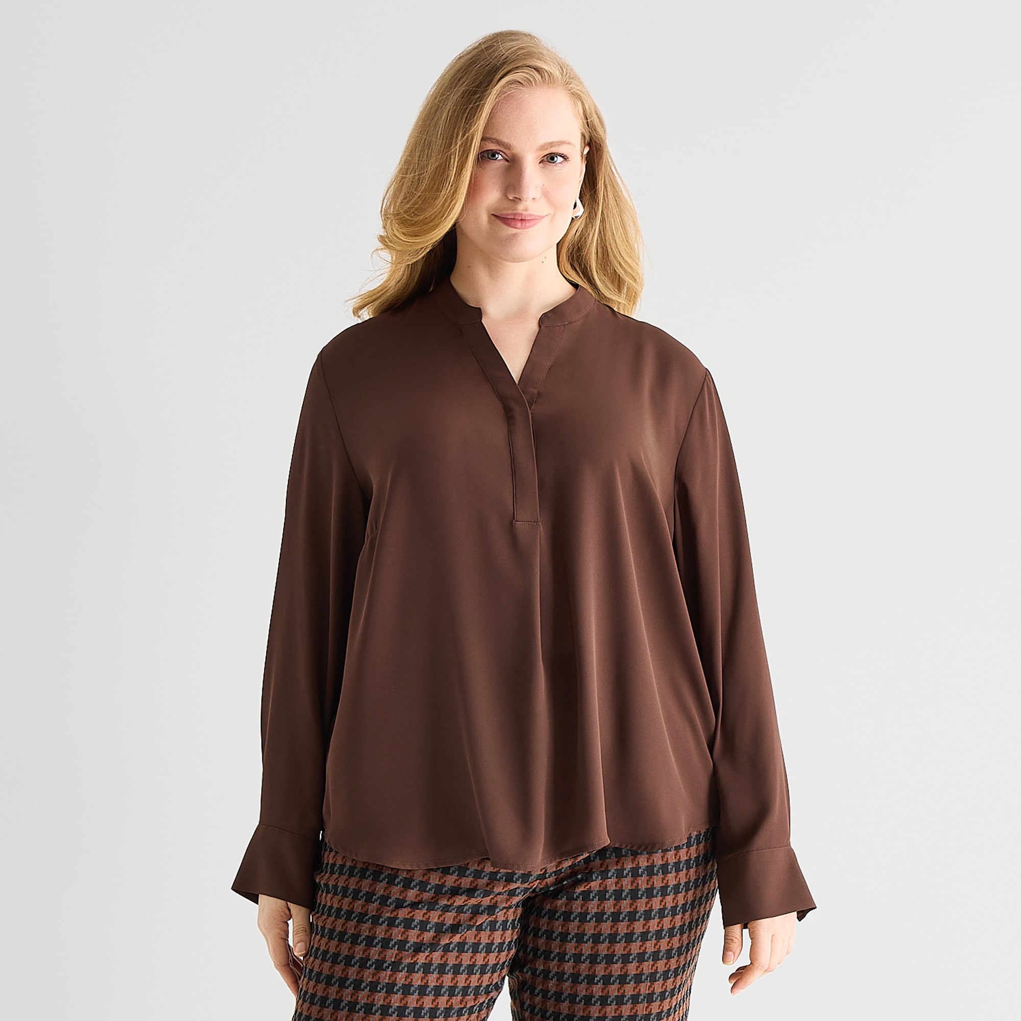 Worthington Womens Plus Henley Neck Long Sleeve Blouse