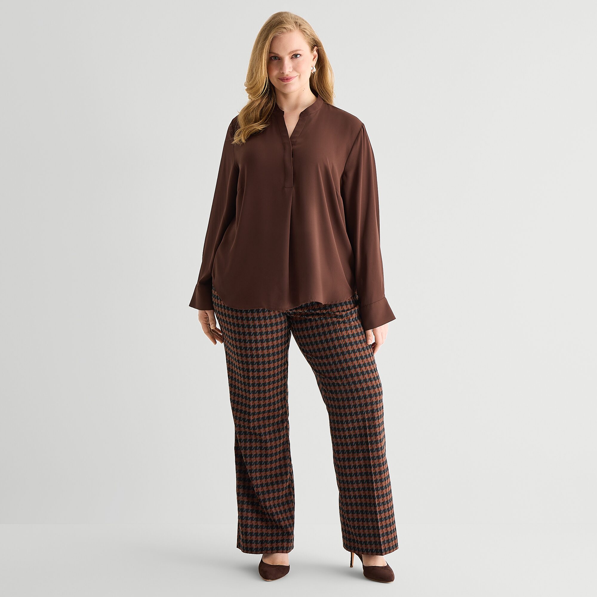 Worthington Womens Plus Henley Neck Long Sleeve Blouse