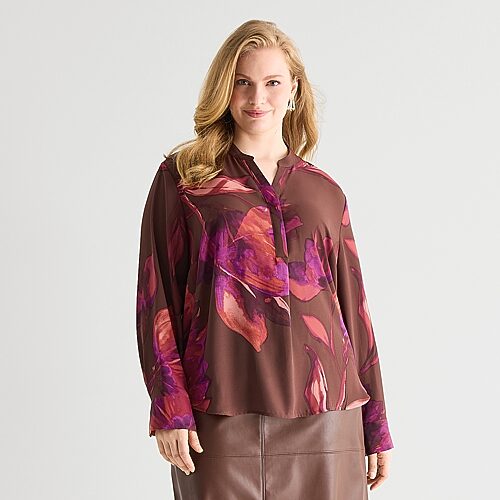Worthington Womens Plus Henley Neck Long Sleeve Blouse In Brown