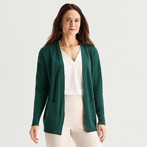 Liz Claiborne Womens V Neck Long Sleeve Open Front Tall Cardigan In Green