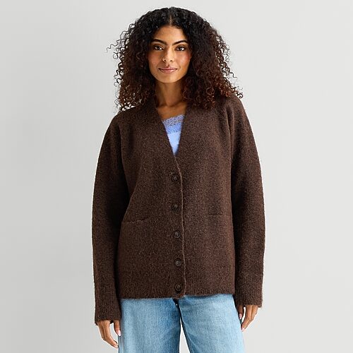 Ana Womens V Neck Long Sleeve Button Tall Cardigan In Brown
