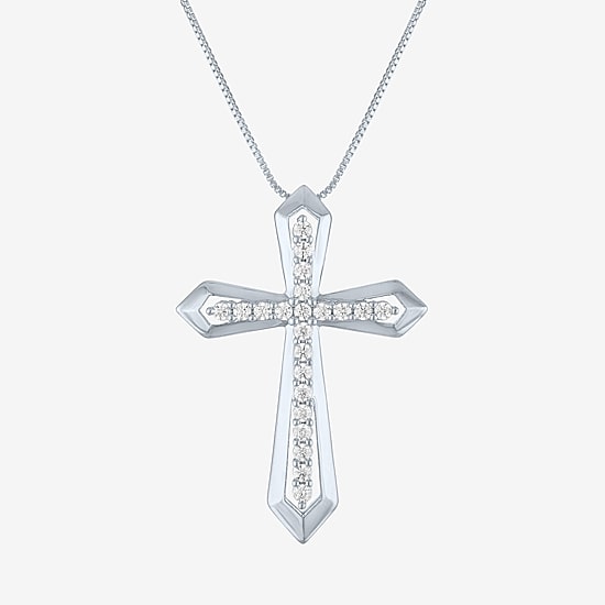 Religious Jewelry (G-H / Si1-Si2) Womens 1/3 CT. T.W. Lab Grown White Diamond Pure Silver Over Brass Cross 18 Inch Pendant Necklace