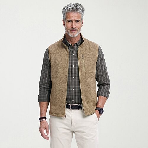 Izod Houndstooth Stripe Fleece Mens Lightweight Fleece Vest In Beige