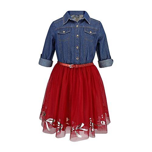 Lilt Little & Big Kid Girls Roll Tab 3/4 Sleeve Shirt Dress In Red