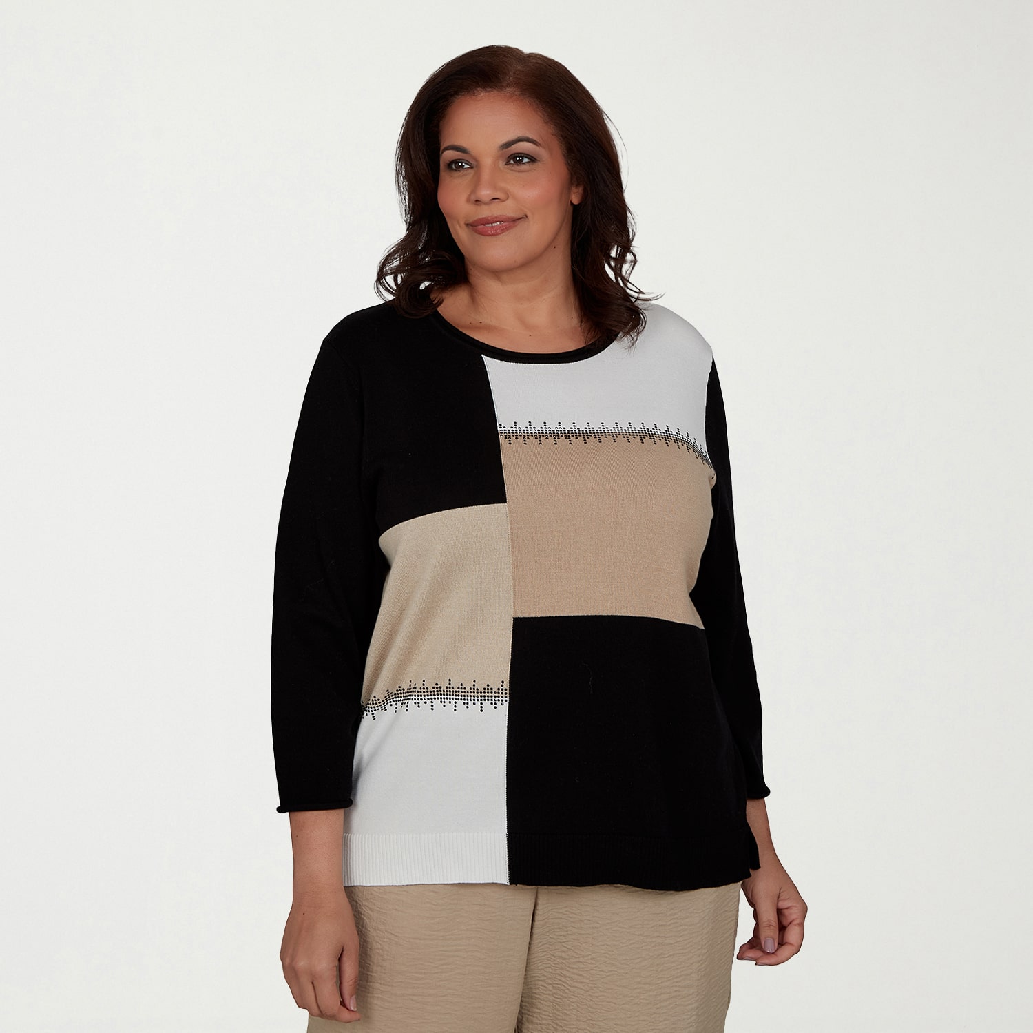 Alfred Dunner Plus Travel Advisory Womens Crew Neck 3/4 Sleeve Pullover Sweater