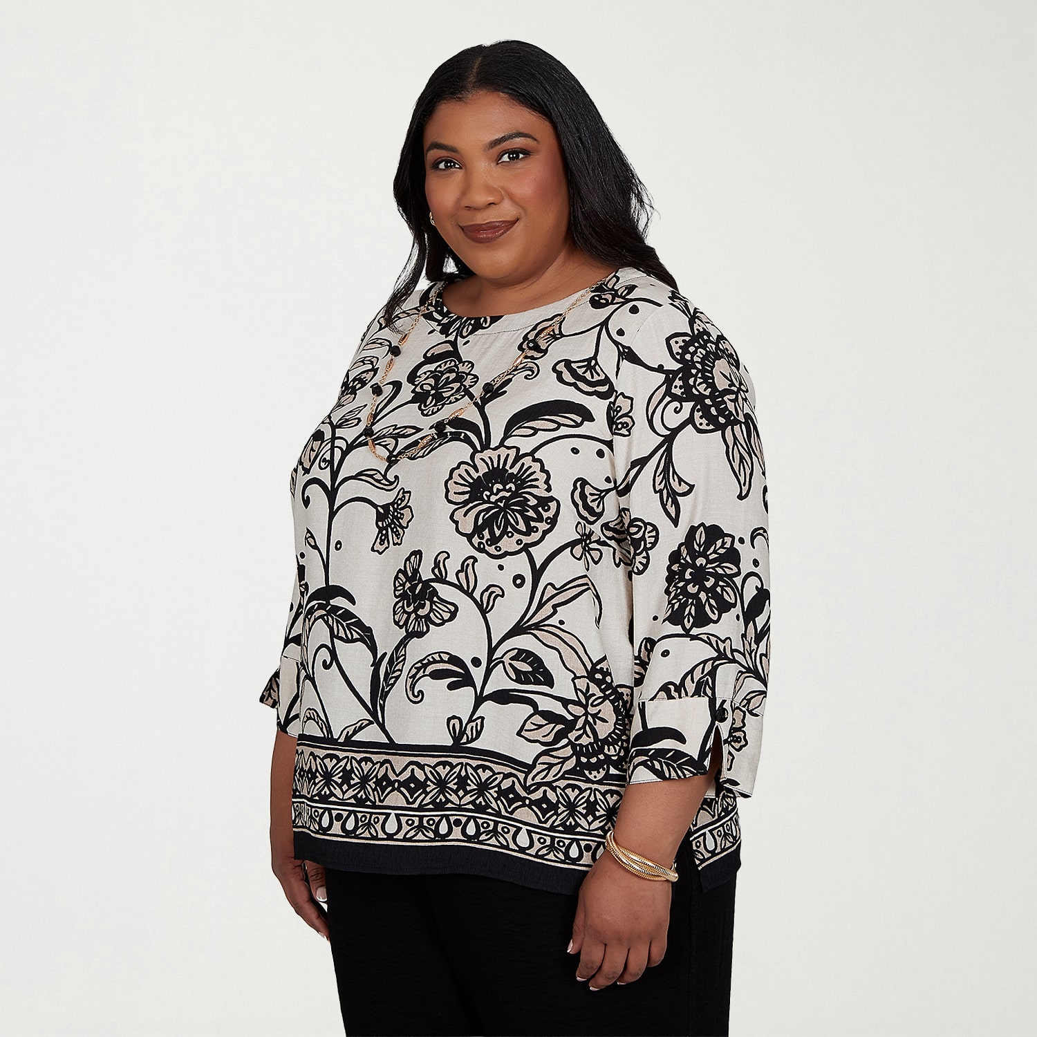 Alfred Dunner Travel Advisory Womens Plus 3/4 Sleeve T-Shirt