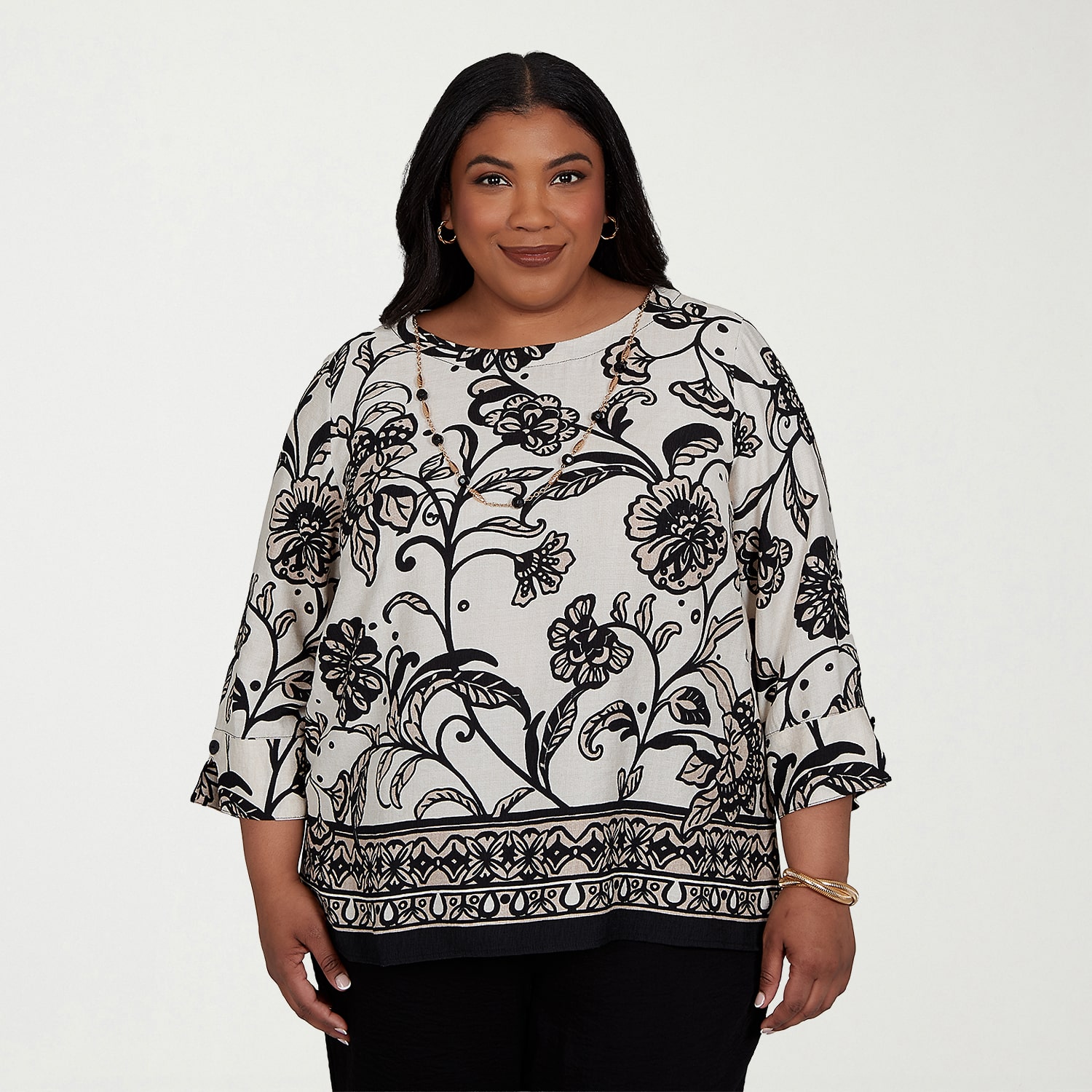 Alfred Dunner Travel Advisory Womens Plus 3/4 Sleeve T-Shirt