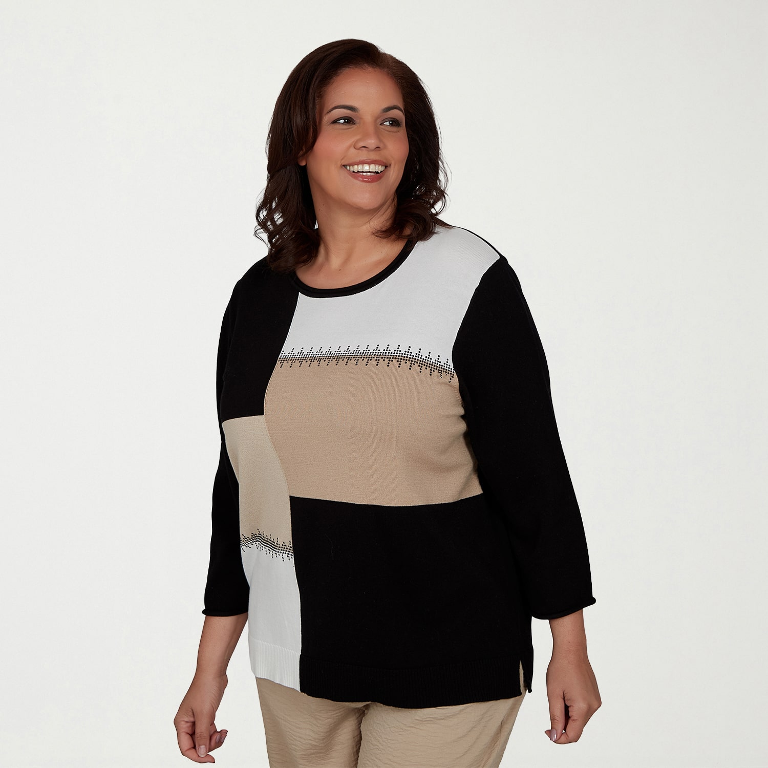 Alfred Dunner Plus Travel Advisory Womens Crew Neck 3/4 Sleeve Pullover Sweater