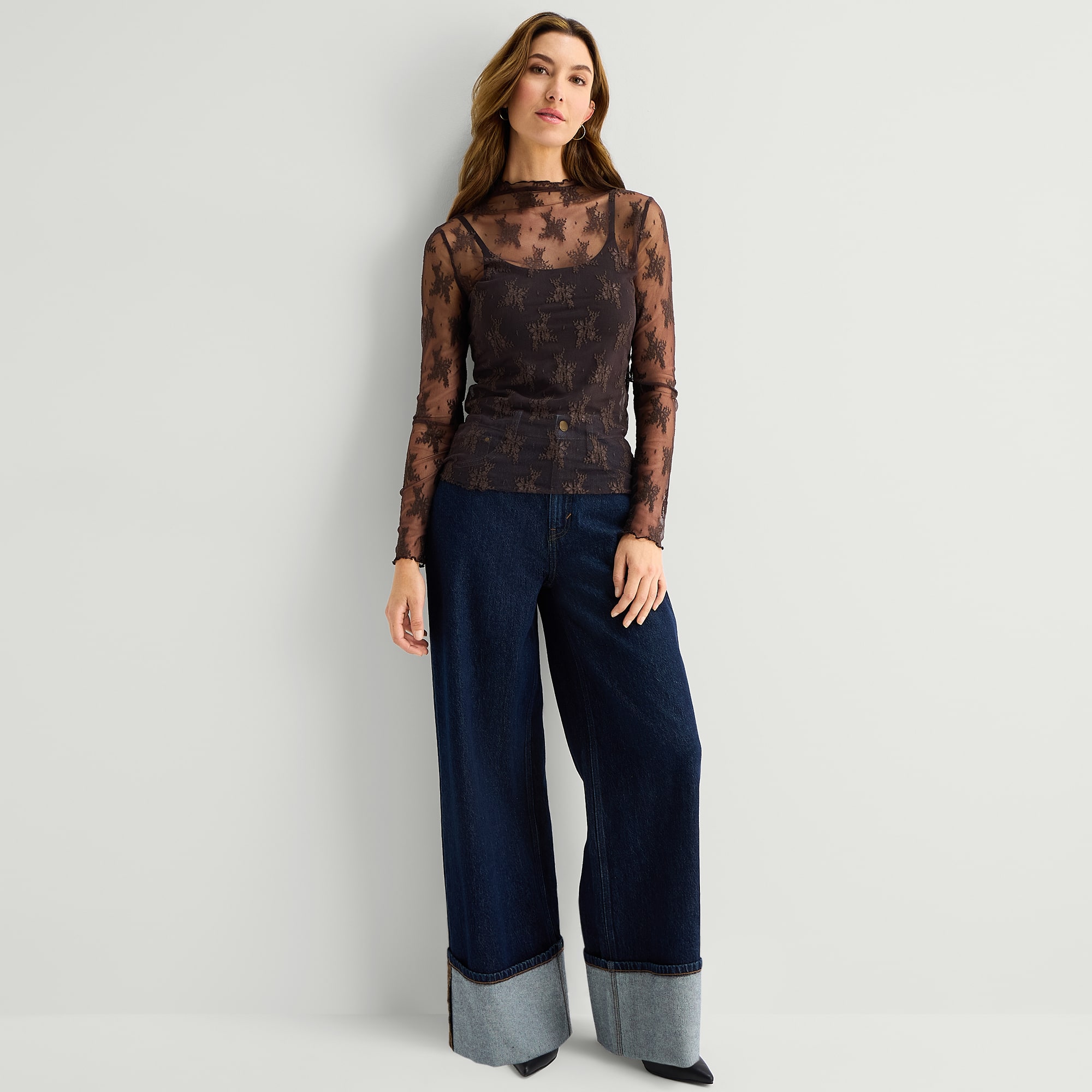 A.N.A Womens Funnel Neck Long Sleeve Lace T-Shirt