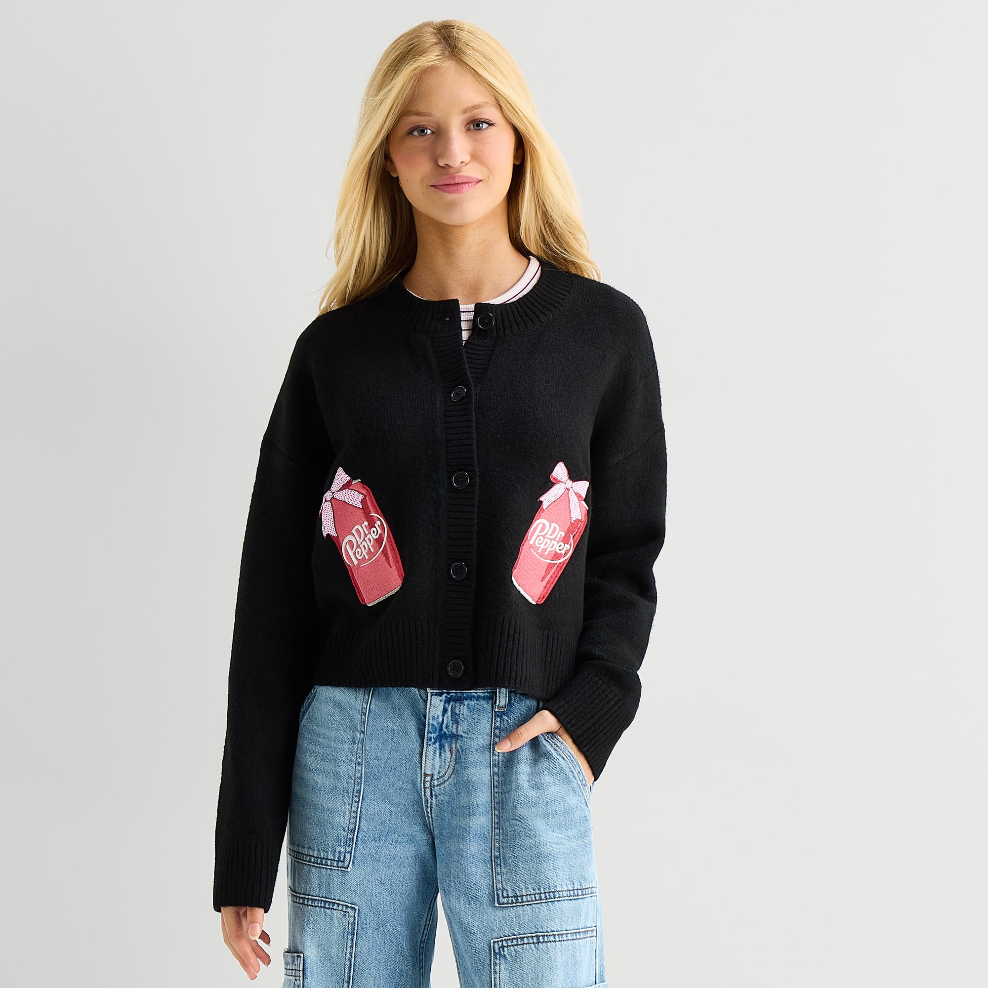 Grayson Threads, The Label Dr Pepper Cardigan\N Womens Crew Neck Long Sleeve Button Juniors Cardigan
