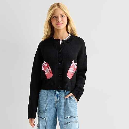 Grayson Threads, The Label Dr Pepper Cardigan\n Womens Crew Neck Long Sleeve Button Juniors Cardigan In Black