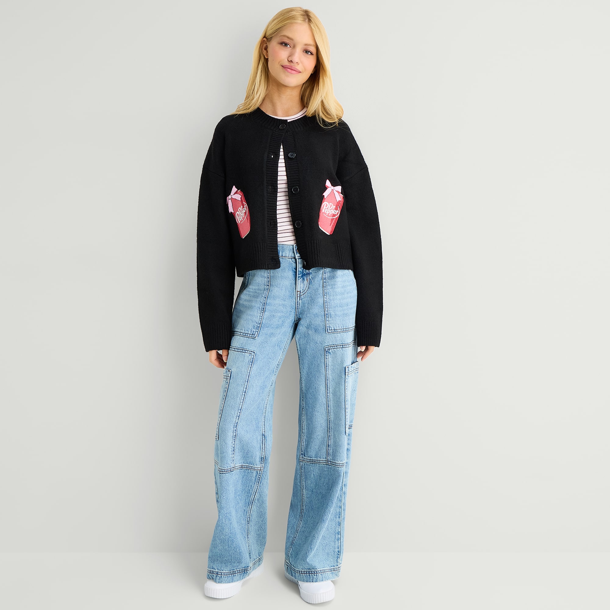 Grayson Threads, The Label Dr Pepper Cardigan\N Womens Crew Neck Long Sleeve Button Juniors Cardigan