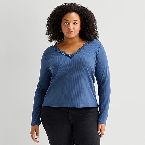 Ana Lace Trim Womens Plus V Neck Long Sleeve T-shirt In Blue