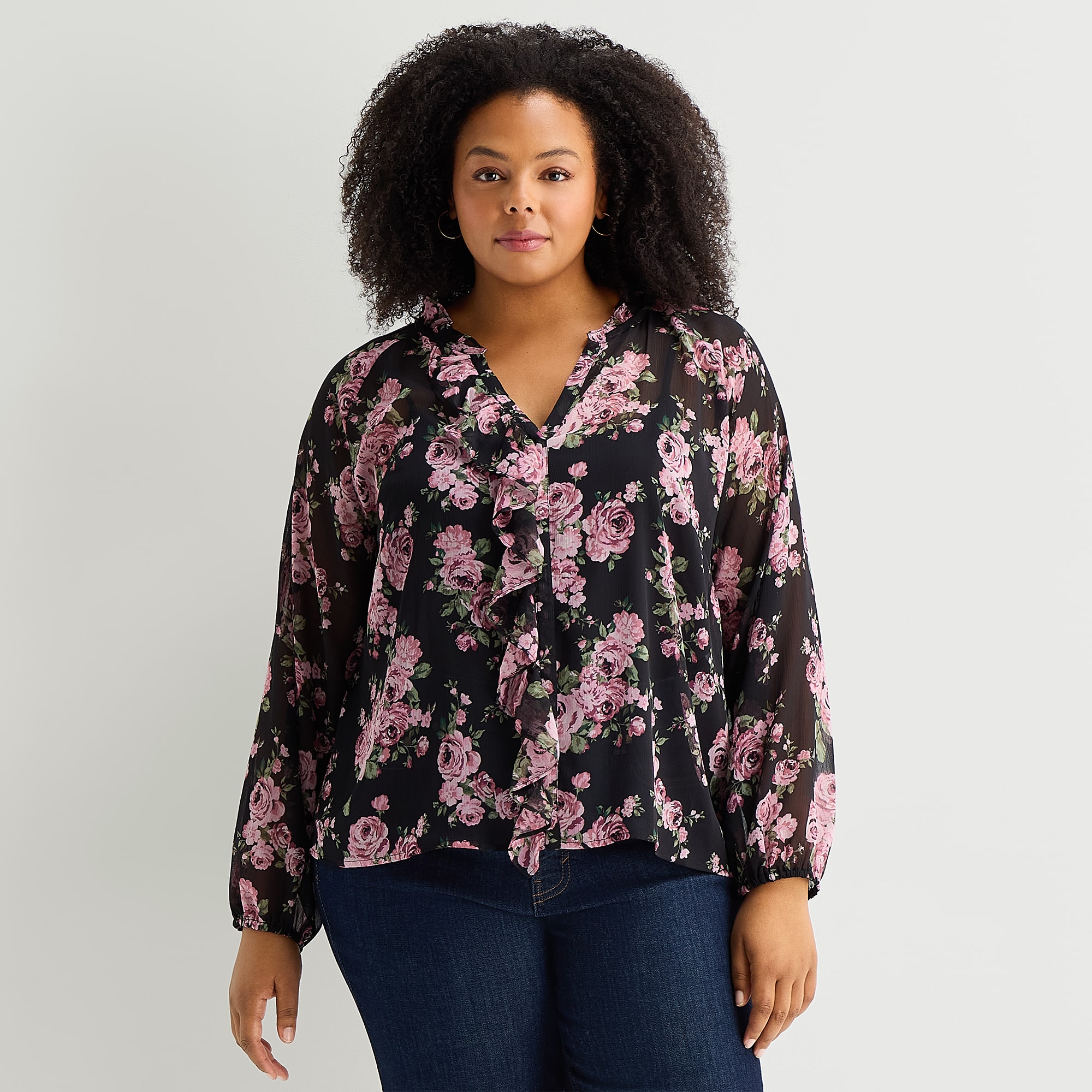 A.N.A Ruffle Womens Plus V Neck Long Sleeve Blouse