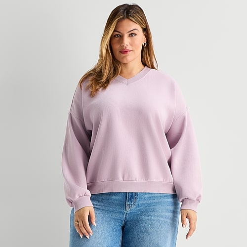 Ana Womens Plus V Neck Long Sleeve Sweatshirt In Pink