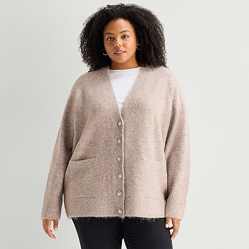 Ana Oversized Boyfriend Womens V Neck Long Sleeve Button Plus Cardigan In Beige