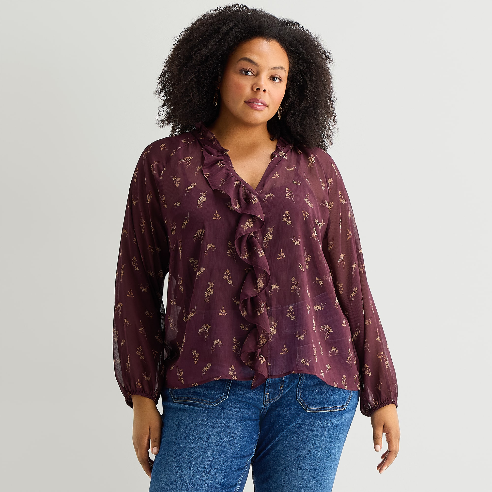 A.N.A Ruffle Womens Plus V Neck Long Sleeve Blouse