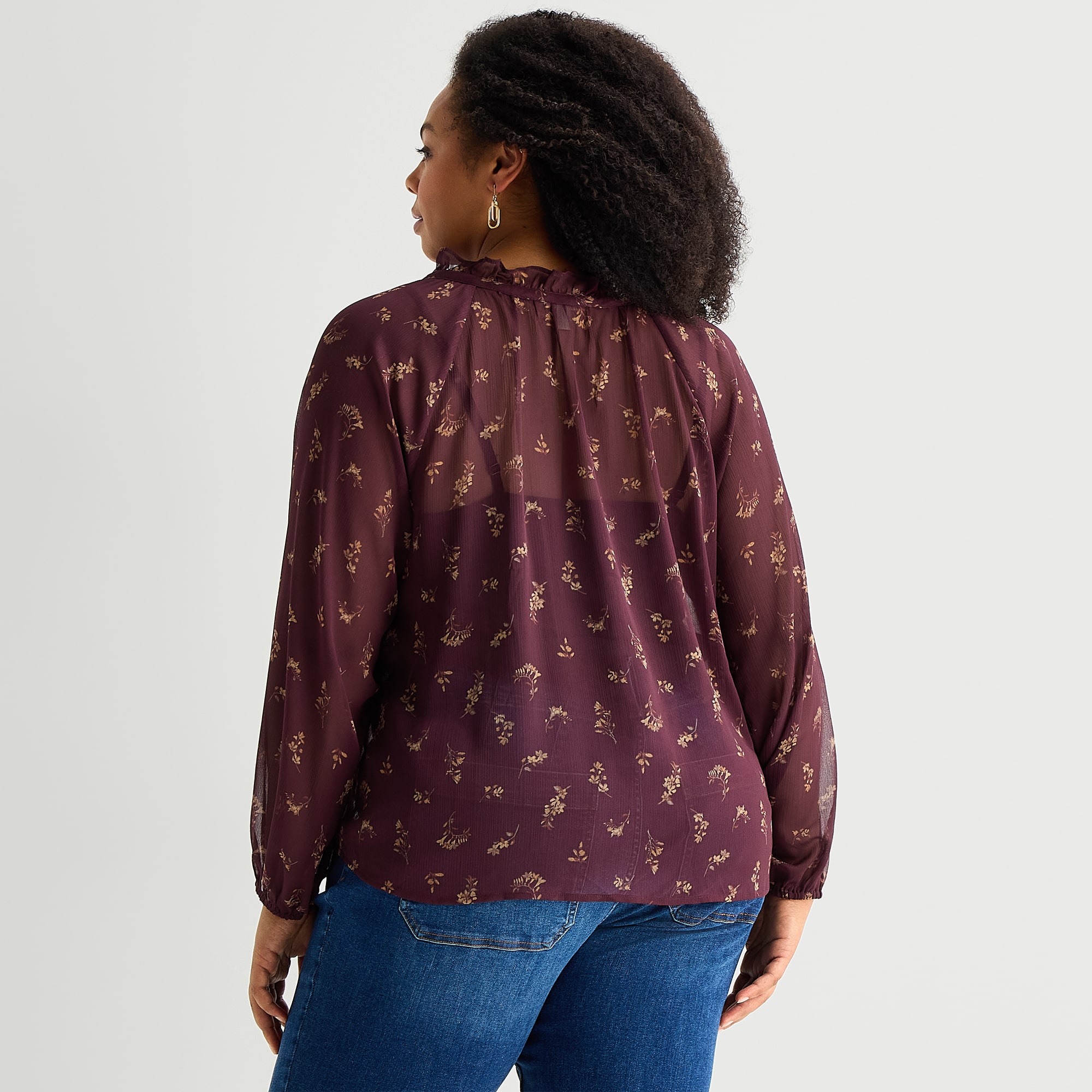 A.N.A Ruffle Womens Plus V Neck Long Sleeve Blouse